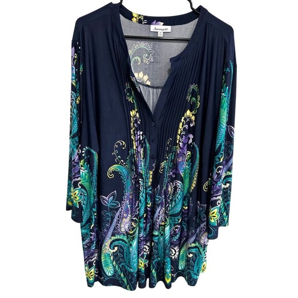 Serengeti Womens Plus Size Paisley Print Button-Front Tunic Top Navy Sz 4X - Picture 1 of 11